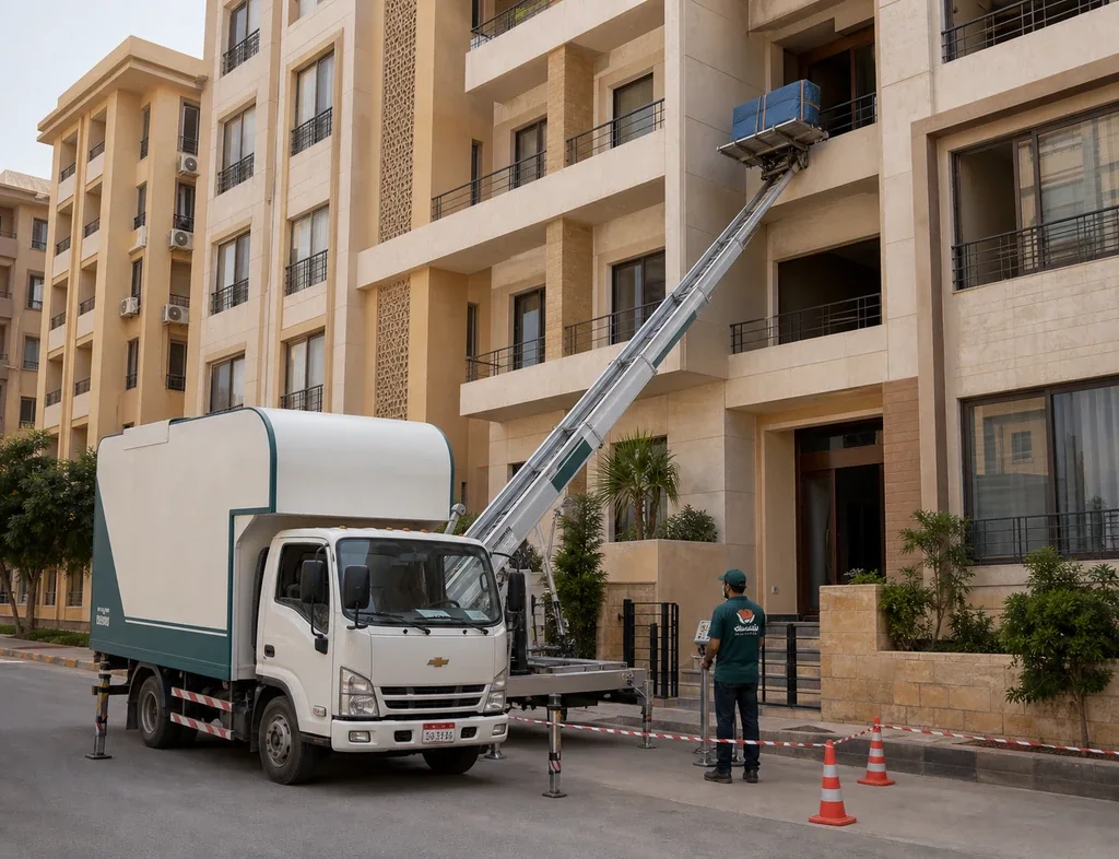 شاحنة ونش ترفع قطعة أثاث مغلَّفة إلى شرفة في دور مرتفع